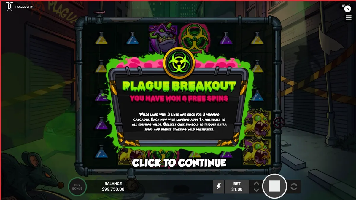 Tampilan visual slot Plague City yang menampilkan tema apokaliptik dengan ilmuwan bertopeng dan elemen laboratorium.